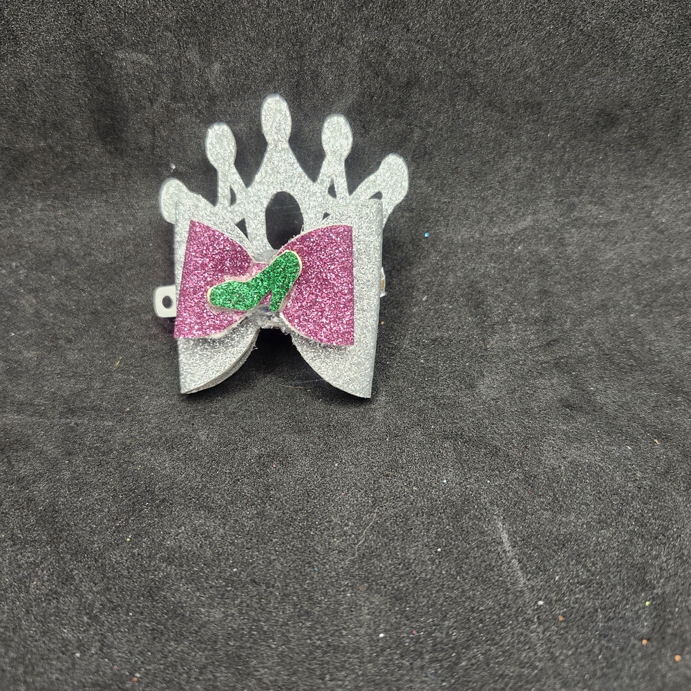 Hand Crafted Pink, Silver and Green Crown Glitter Hair Bow Barrette Clip